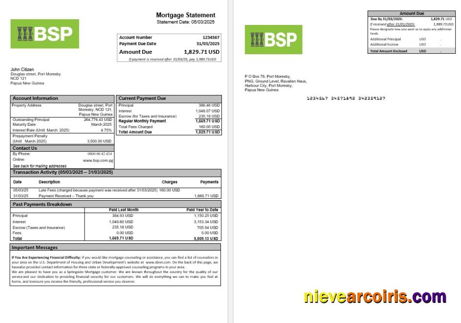 Papua New Guinea BSP mortgage statement